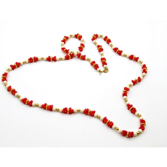 Vintage Monet Faux Coral Necklace with Elegant White and Gold Tone Beads, Long C - Picture 3 of 3